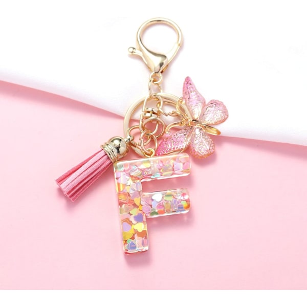 Mode Alphabet Initial Bogstav Nøglering Tassel Butterfly Vedhæng Nøglering til Pung Håndtasker Kvinder Pige Pink Butterfly Letter F