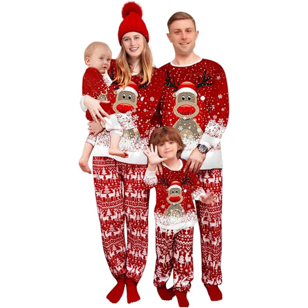 Familjematchande Julpyjamas Set Rensa Djur Pyjamas Set Julrutig Pyjamas Nattkläder Solkläder för Kvinnor Vuxna Barn Röd Mom-XXL