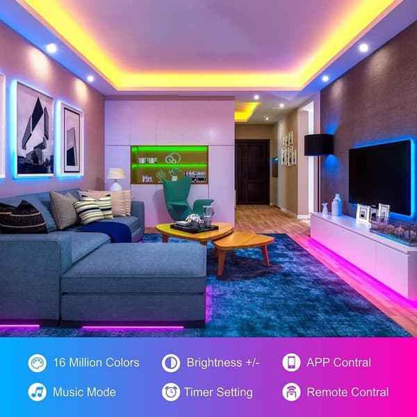 15m RGB LED Stripelys – Musikk Synkronisering, App & Fjernkontroll, Bluetooth Lyssett