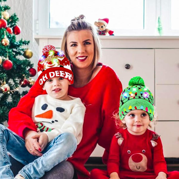 2-pack Jultomte LED-stickad mössa med blinkande ljus - Färgglada blinkande juldekorationer för fest (One Size Fits More) Green, Red