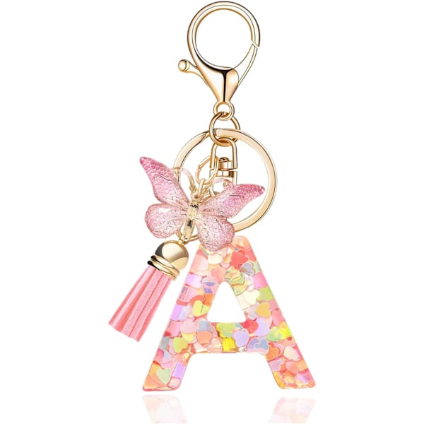 Mode Alphabet Initial Bogstav Nøglering Tassel Butterfly Vedhæng Nøglering til Pung Håndtasker Kvinder Pige Pink Butterfly Letter a
