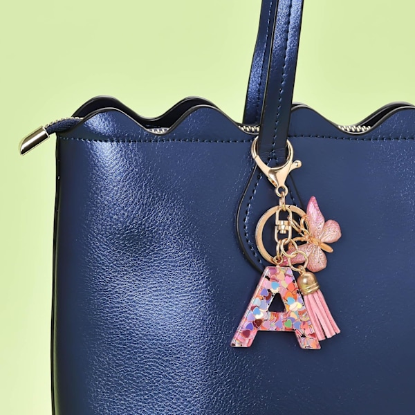 Mode Alphabet Initial Bogstav Nøglering Tassel Butterfly Vedhæng Nøglering til Pung Håndtasker Kvinder Pige Pink Butterfly Letter a