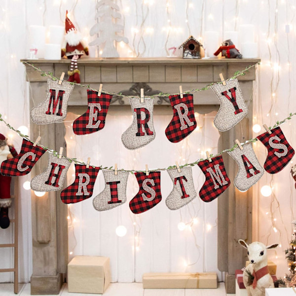 Julstrumpa Banner Merry Christmas Hängande Flaggor Julbokstäver Banner För Dörr Vägg Fönster Hem Inomhus Utomhus Nyårsfest Dekoration