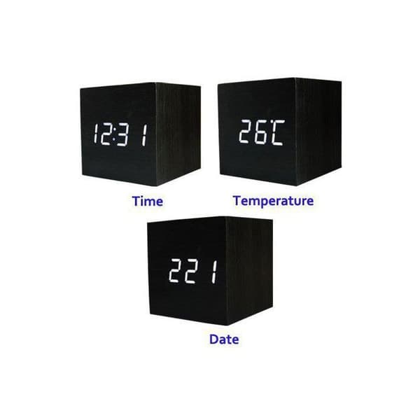 Træ LED Vækkeur Tid Dato Temperatur Display Multi Alarm