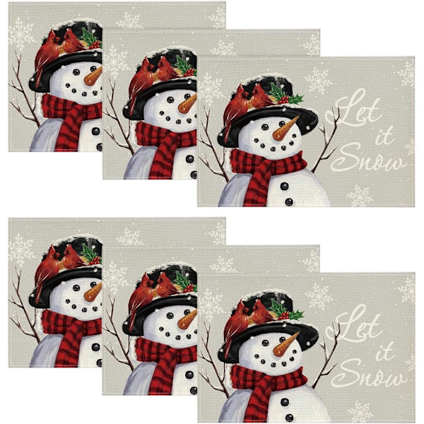 Röd Snögubbe Låt Det Snöa Vinter Underlägg Set om 6, 12x18 Tum Säsongsbetonad Jul Semester Bord Underlägg för Fest Kök Matplats Dekoration Silver