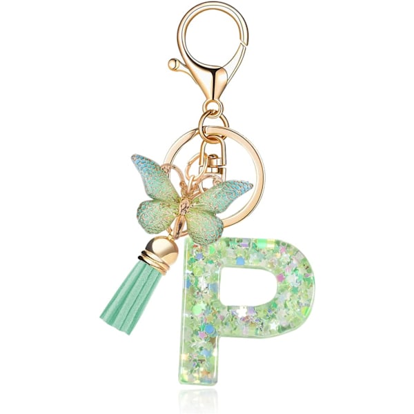 Mode Alphabet Initial Bogstav Nøglering Tassel Butterfly Vedhæng Nøglering til Pung Håndtasker Kvinder Pige Green Butterfly Letter P