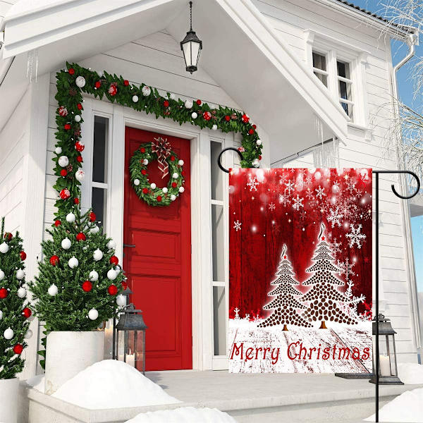 Glædelig Jul Træ Rød Haveflag Vinter Snefnug Dobbeltsidet Flag 12\" x 18\", Jul Rustik Vinter Sne Ferie Nytår Lille Haveflag Banner Christmas tree