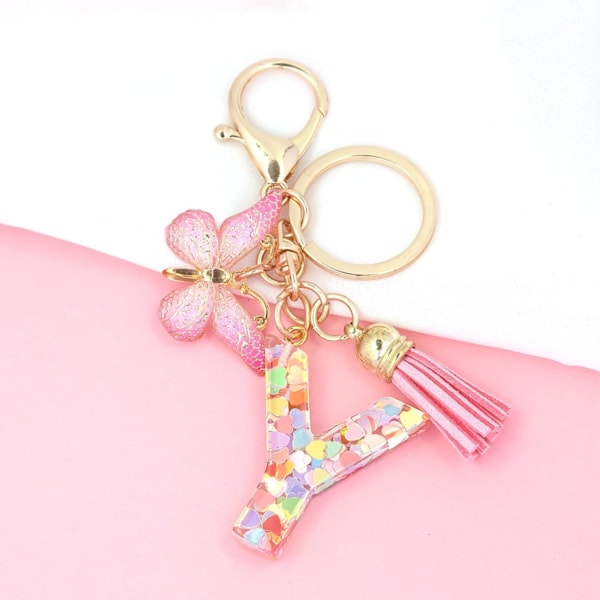 Mode Alphabet Initial Bogstav Nøglering Tassel Butterfly Vedhæng Nøglering til Pung Håndtasker Kvinder Pige Pink Butterfly Letter Y