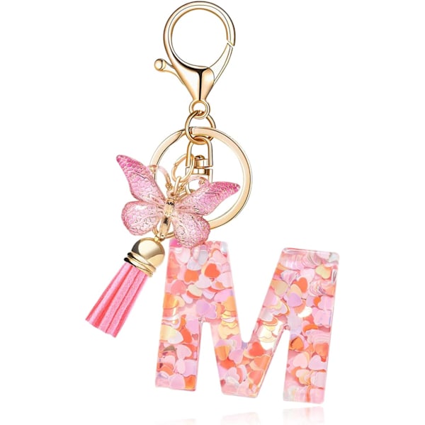 Mode Alphabet Initial Bogstav Nøglering Tassel Butterfly Vedhæng Nøglering til Pung Håndtasker Kvinder Pige Pink Butterfly Letter M