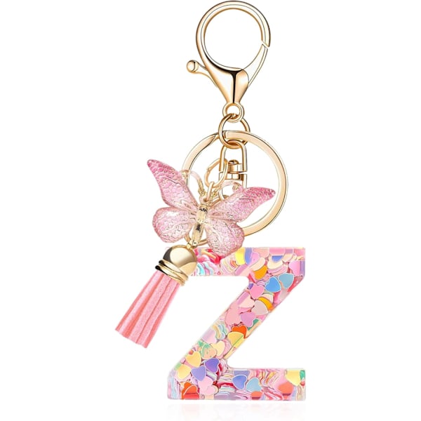 Mode Alphabet Initial Bogstav Nøglering Tassel Butterfly Vedhæng Nøglering til Pung Håndtasker Kvinder Pige Pink Butterfly Letter Z