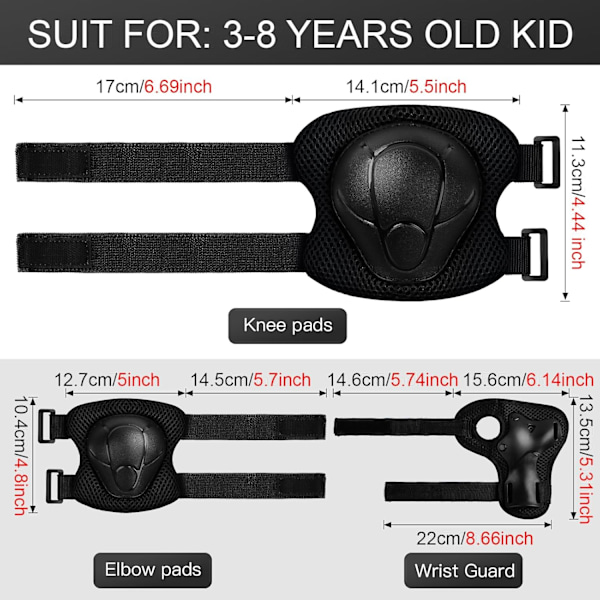 Skyddsutrustning för barn - Knäskydd för barn 3-14 år, knä- och armbågsskydd för småbarn med handledsskydd 3 i 1 S Black