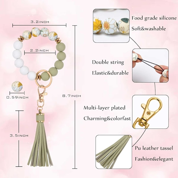 Silikonperle Armbånd Nøglering Håndledsrem Nøglering Bangle Kæder til Kvinder med Læder Kvast Flower Spearmint
