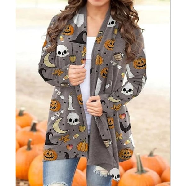 Dam Cardigan med Halloween Pumpa Katt Tryck Stickad Långärmad Öppen Fram Knitted Tröja Ytterkläder Toppar XL
