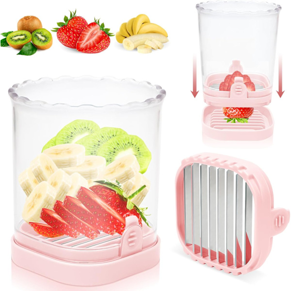 Frukt Skivare Kopp, 2024 NY Jordgubb Skivare, Druva Skärare, Banan Skivare, Rostfritt Stål Ägg Skivare, Avtagbar Design Frukt Skärare Skivare(Rosa) Pink