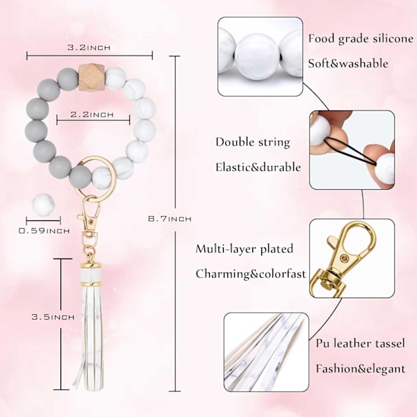 Silikonperle Armbånd Nøglering Håndledsrem Nøglering Bangle Kæder til Kvinder med Læder Kvast Marble