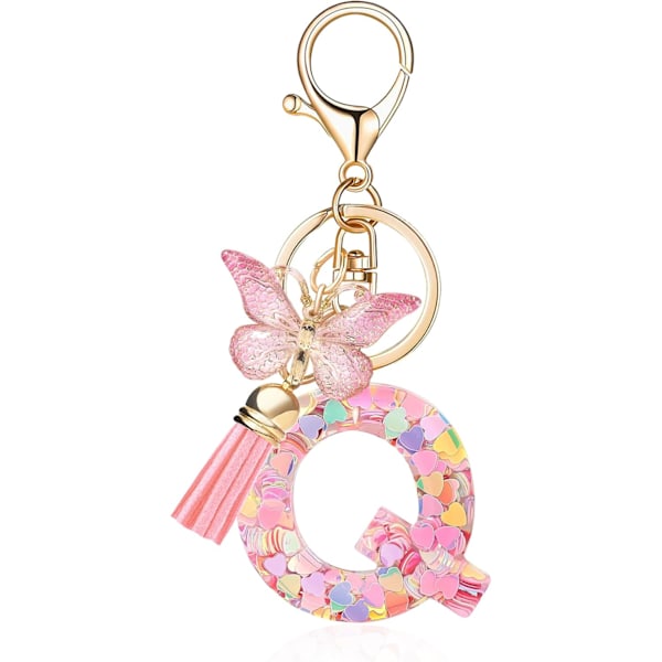 Mode Alphabet Initial Bogstav Nøglering Tassel Butterfly Vedhæng Nøglering til Pung Håndtasker Kvinder Pige Pink Butterfly Letter Q