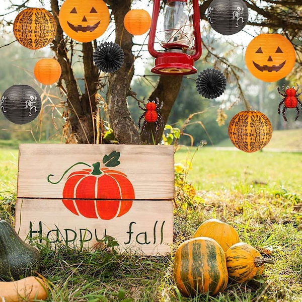 12 stk Halloween Hengedekorasjoner Papirlykter, Jack-O'-Lantern Edderkopp Skjelett Gresskar for Innendørs & Utendørs Skummel Hjemmedekor