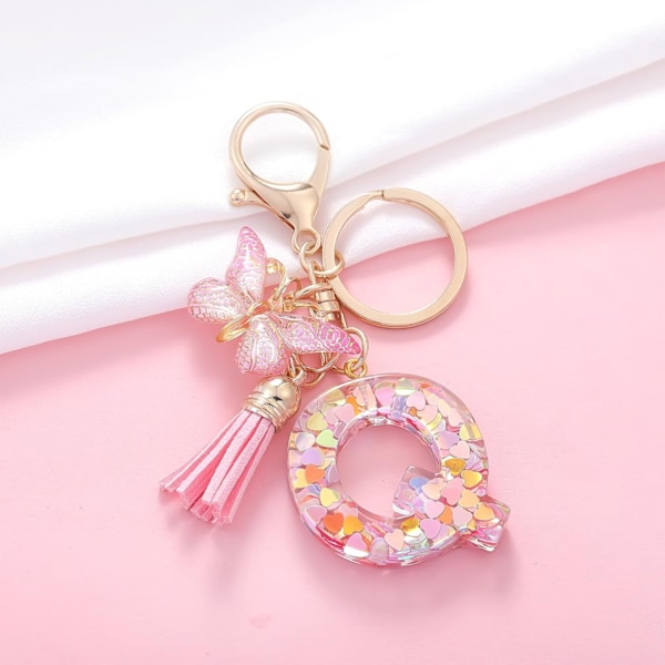 Mode Alphabet Initial Bogstav Nøglering Tassel Butterfly Vedhæng Nøglering til Pung Håndtasker Kvinder Pige Pink Butterfly Letter Q