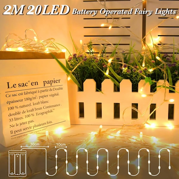 Batteridrevne Feelygter Udendørs, 3 m 20 LED Mikro Feelygter, IP65 Vandafvisende Kobbertråd Feelygter med Timer, til Værelse, Have, Kander, Flasker, Jul