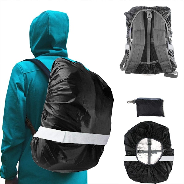 Hög Synlighet Ryggsäcksregnöverdrag med Reflekterande Remsa 100% Vattentät Ultralätt Ryggsäcksöverdrag, Förvaringsficka, Svart M (För 25L-35L Ryggsäck) Black M