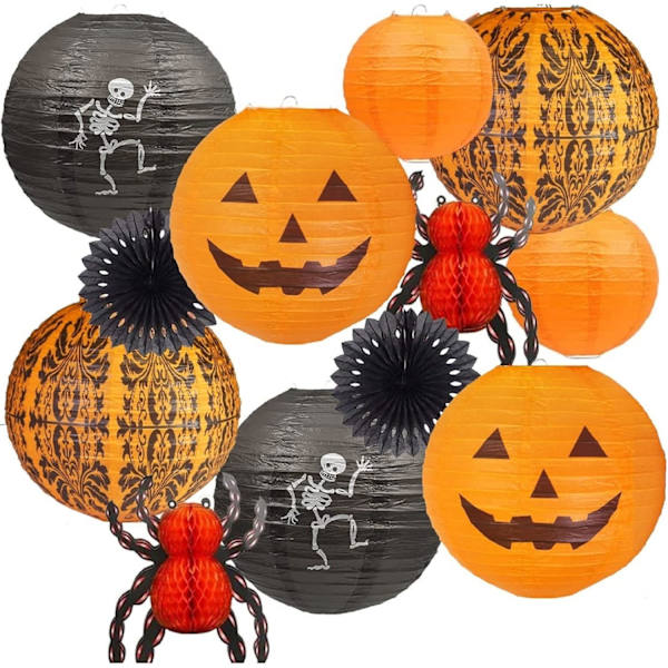 12 stk Halloween Hengedekorasjoner Papirlykter, Jack-O'-Lantern Edderkopp Skjelett Gresskar for Innendørs & Utendørs Skummel Hjemmedekor