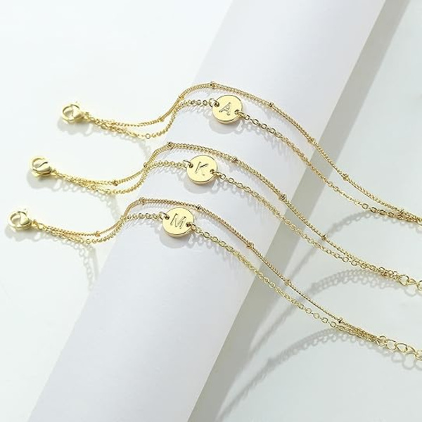 A-Z Guld Initial Armbånd til Kvinder Trendy - Fint 25K Guldbelagt Lagdelt Perle Initial Armbånd Personligt Disk Monogram Armbånd H