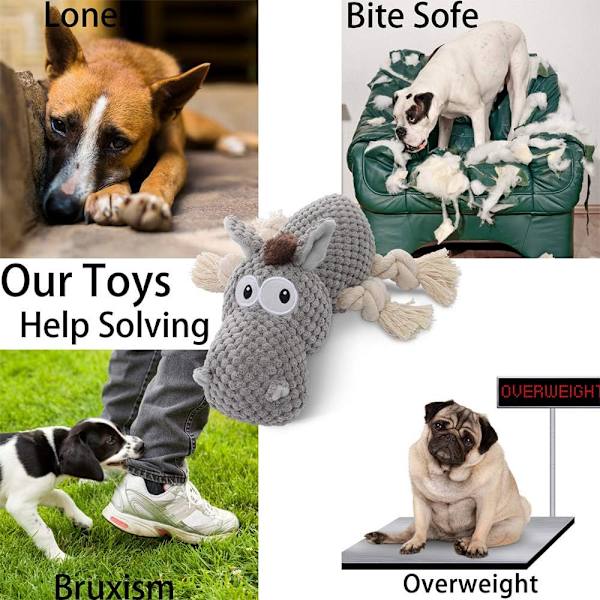 Hundleksak, Stor Hund Pipande Leksaker, Fylld Djur Hund Plyschleksak för Valp, Liten, Mellan, Stora Hundar (Åsna (Grå)) Grey