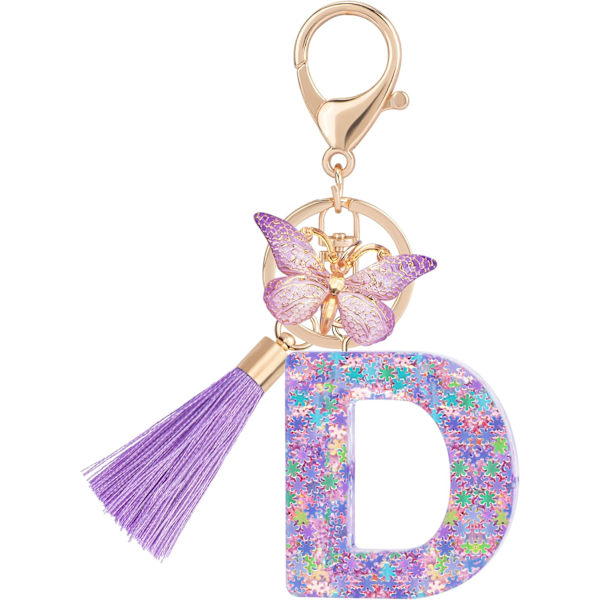 Sööt roosad võtmehoidjad naistele ja tüdrukutele, algustähega võtmehoidjad tutiga, ripatsid võtmetele, rahakotile, käekottidele ja seljakottidele Purple Butterfly Letter-d