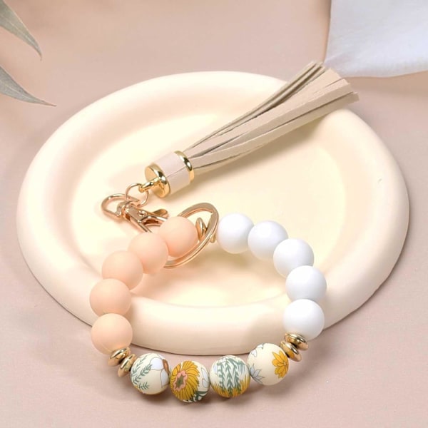 Silikonperle Armbånd Nøglering Håndledsrem Nøglering Bangle Kæder til Kvinder med Læder Kvast Flower Yellow