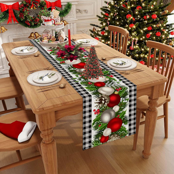 Linen Rød og Sort Buffalo Check Julebordsløber 36 Tommer Lang Sæsonmæssig Vinter Jul Juleferie Landlig Stil Borddekoration C
