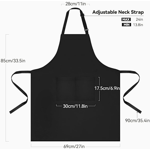 2-pack Köksförkläden, Justerbara Bib Mjuka Kockförkläden med 2 Fickor för Män Kvinnor Svart-2 D
