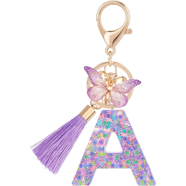 Sööt roosad võtmehoidjad naistele ja tüdrukutele, algustähega võtmehoidjad tutiga, ripatsid võtmetele, rahakotile, käekottidele ja seljakottidele Purple Butterfly Letter-a