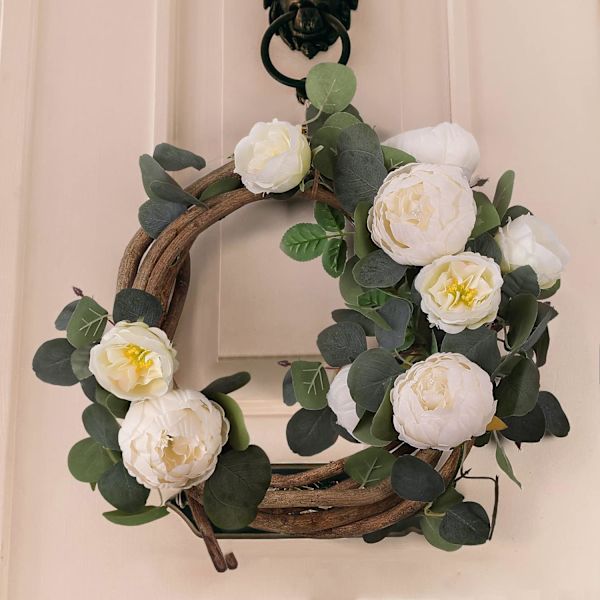 2 stk. Kunstig Eucalyptuskrans med Blomst, 8 Hoder Pionblomst Vines, Grønn Blomsterkrans Dekorasjon for Bryllupsbue, Vegg Bakgrunn, Bryllup white