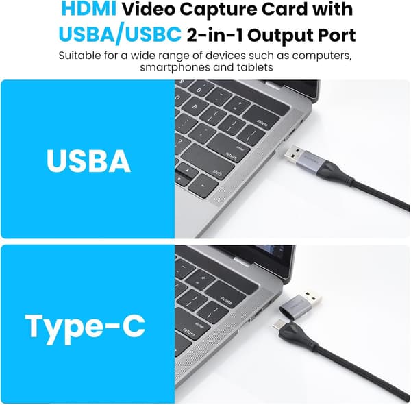 -FGNS 4K HDMI til USB 3.0/USB C Video Capture Card, Full HD 1080p Video Capture Card til Game Capture med 2-i-1 Interface til Undervisning, Broadcasting