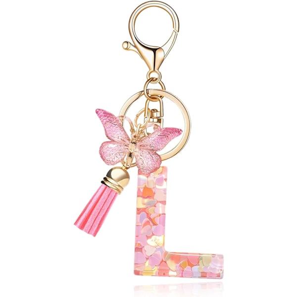 Mode Alphabet Initial Bogstav Nøglering Tassel Butterfly Vedhæng Nøglering til Pung Håndtasker Kvinder Pige Pink Butterfly Letter L