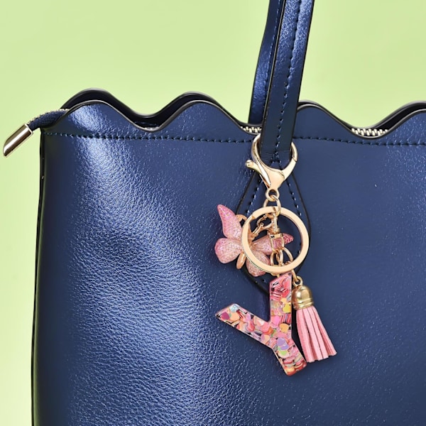 Mode Alphabet Initial Bogstav Nøglering Tassel Butterfly Vedhæng Nøglering til Pung Håndtasker Kvinder Pige Pink Butterfly Letter Y