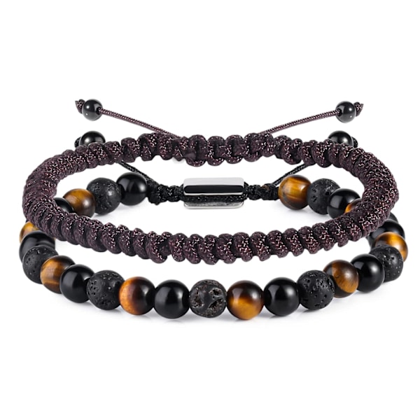 Sorte Perle Armbånd til Mænd Drenge - 6mm Obsidian Onyx Lava Perler Herrearmbånd Sæt til Par - Julegaver Fødselsdagsgaver Herresmykker Brown