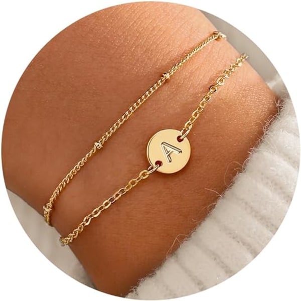 A-Z Guld Initial Armbånd til Kvinder Trendy - Fint 18K Guldbelagt Lagdelt Perle Bogstav Initial Armbånd Personlig Disk Monogram Armbånd A