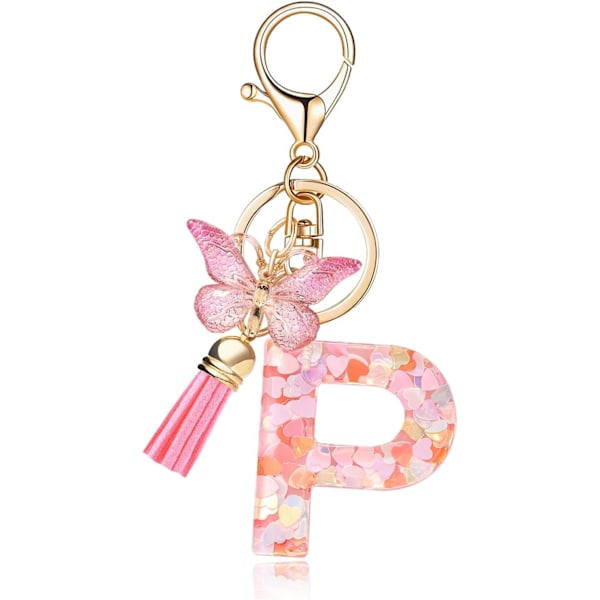 Mode Alphabet Initial Bogstav Nøglering Tassel Butterfly Vedhæng Nøglering til Pung Håndtasker Kvinder Pige Pink Butterfly Letter P