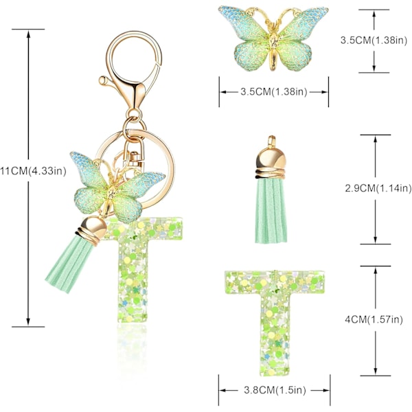 Mode Alphabet Initial Bogstav Nøglering Tassel Butterfly Vedhæng Nøglering til Pung Håndtasker Kvinder Pige Green Butterfly Letter T