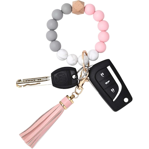 Silikonperle Armbånd Nøglering Håndledsrem Nøglering Bangle Kæder til Kvinder med Læder Kvast Pink
