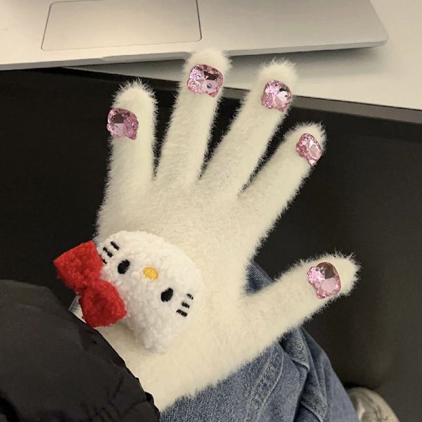 Glittriga Vantar för Kvinnor på Vintern - Varma, Fluffiga Hello KT - tema Pälsvantar med Tjocklek för Studenters Fem - fingerskydd! pink