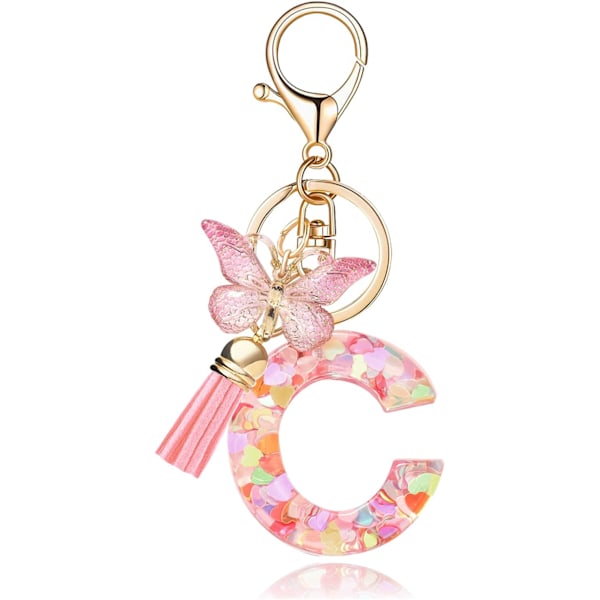 Mode Alphabet Initial Bogstav Nøglering Tassel Butterfly Vedhæng Nøglering til Pung Håndtasker Kvinder Pige Pink Butterfly Letter C