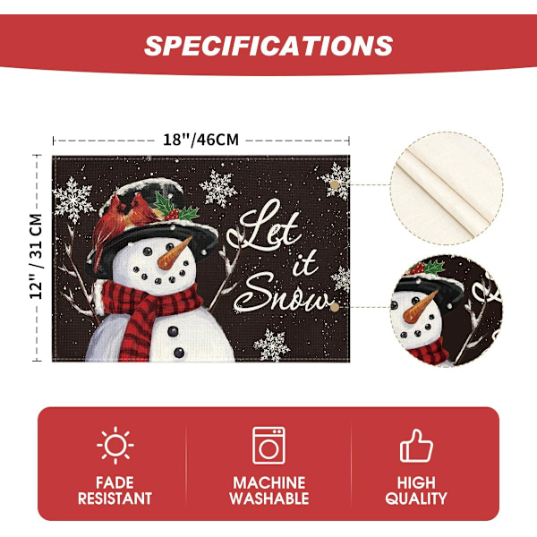 Punainen Lumimies Let It Snow -talvipöytäliinat, 4 kpl, 12x18 tuumaa, jouluiset pöytäliinat juhliin, keittiöön ja ruokailuun Black