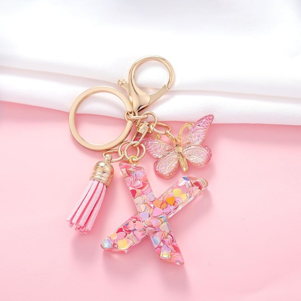 Mode Alphabet Initial Bogstav Nøglering Tassel Butterfly Vedhæng Nøglering til Pung Håndtasker Kvinder Pige Pink Butterfly Letter X