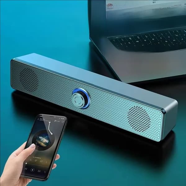 4D stereo Bluetooth-soundbar med subwoofer, kompatibel med TV og computere, kraftfuld lydkvalitet.