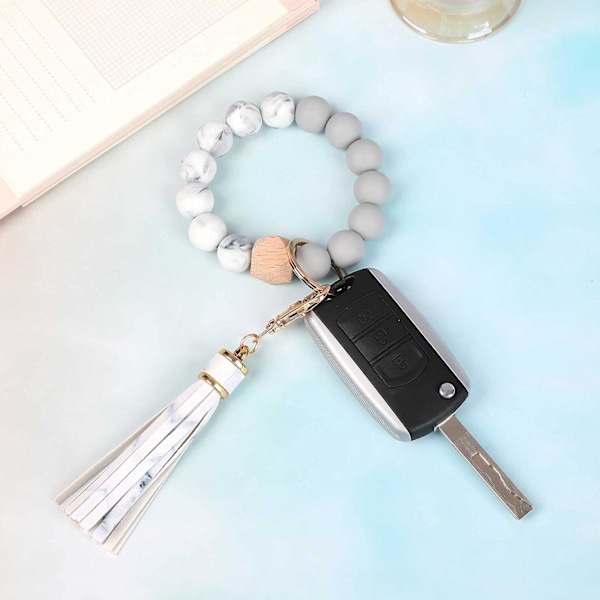 Silikonperle Armbånd Nøglering Håndledsrem Nøglering Bangle Kæder til Kvinder med Læder Kvast Marble