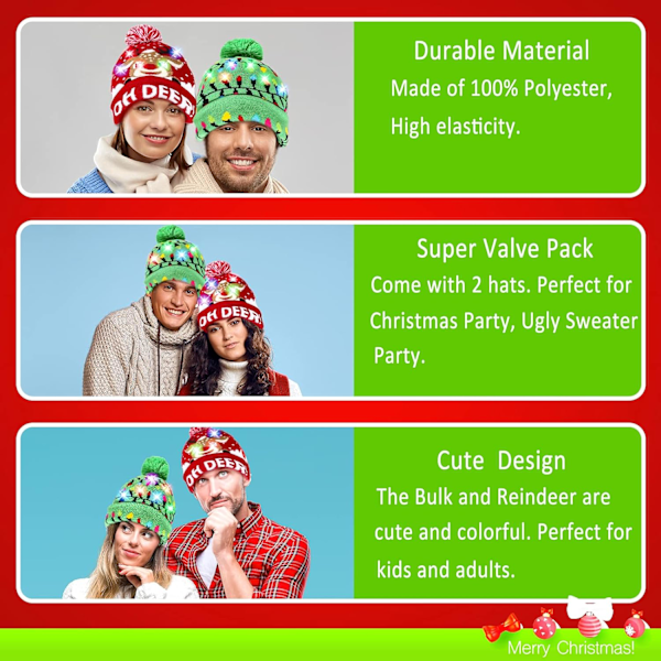 2-pack Jultomte LED-stickad mössa med blinkande ljus - Färgglada blinkande juldekorationer för fest (One Size Fits More) Green, Red
