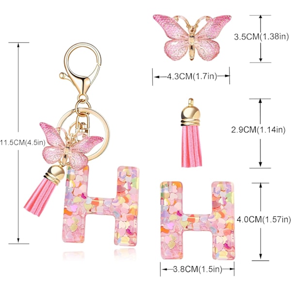 Mode Alphabet Initial Bogstav Nøglering Tassel Butterfly Vedhæng Nøglering til Pung Håndtasker Kvinder Pige Pink Butterfly Letter H