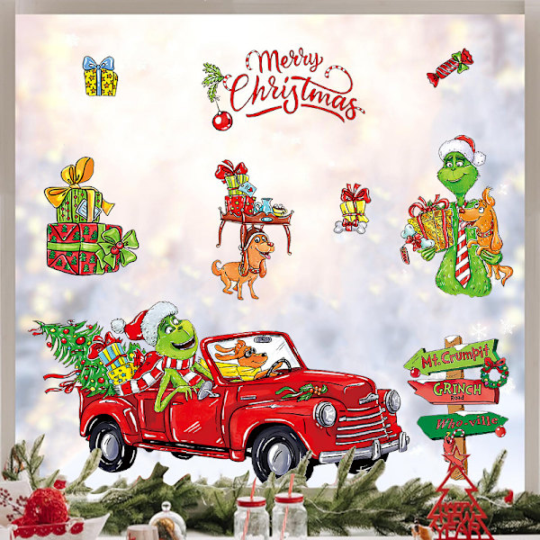 Grinch Väggdekaler - 17 st i 2 ark av PVC Juldekorationer för väggar och fönster, Cartoon Movie - tema för semestermagi